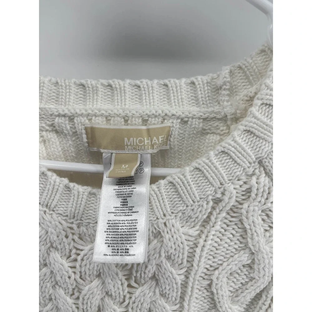 Michael Kors Women's White Cable Knit‎ Pullover Sweater Side Zip Gold M